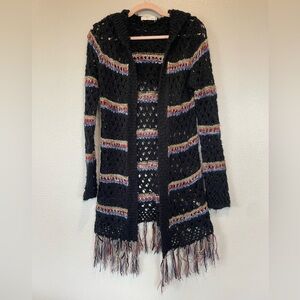 Love Tree Black Stripe Bohemian Crochet Knit Hooded Cardigan Fringe Women Medium